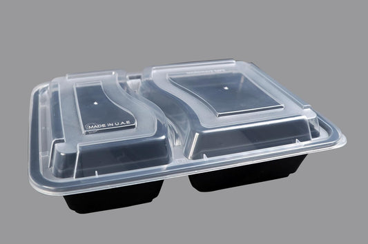 BLACK BASE RECTANGULAR CONTAINER 2 COMPARTMENT WITH LID 150 PCS- CTN (IDO)